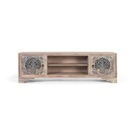 Mueble TV - Meuble téléviseur en bois de manguier avec 2 portes et 2 espaces, finition naturelle et bleue, ornement Arbre de Vie, dimensions détaillées Precio: 1079.988. SKU: B13NB2T9DE