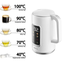 Sencor SWK 0950WH Bouilloire électrique 1.7 L 2200 W, réglage température 40-100°C, écran LED tactile, double paroi inox/plastique, triple sécurité et maintien au chaud