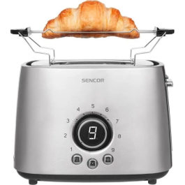 Sencor STS 5050SS Grille-pain 2 tranches Argenté avec fonction Dégivrage, Centrage et Éjection Automatique - 9 Niveaux de Cuisson - 1000 W