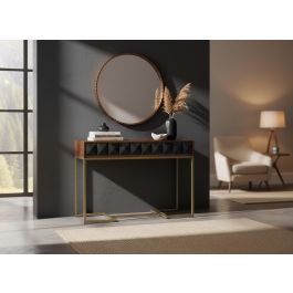 GINER Y COLOMER - Console en bois de manguier et structure en fer, couleur noisette et noir avec tiroirs à motif diamant et pieds de 60 cm