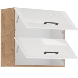 ROCK - Meuble haut - Mélaminé chene Lancelot et Blanc brillant - 80 cm - 2 portes basculantes
