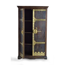 GINER Y COLOMER - Armoire 2 portes en bois manguier avec détails bronze, couleur noyer foncé, 3 étagères intérieures, 190 x 110 x 50 cm