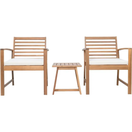 Salon de jardin Cali en bois d'Acacia FSC, 2 fauteuils + table basse carrée avec coussins écru en polyester 200g/m²