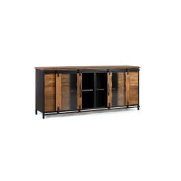 GINER Y COLOMER - Buffet industriel en bois de manguier et métal noir, 2 portes coulissantes, 6 tiroirs, 190x80x40 cm, couleur naturel et noir
