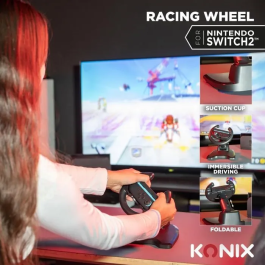 Konix Volant de Course avec Ventouse pour Joy-Con Nintendo Switch 1 et 2 - Compatible Mario Kart World - Confortable, Compact et Pliable - Noir