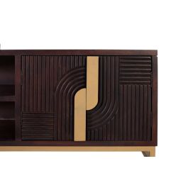 GINER Y COLOMER Buffet TV en bois de manguier massif couleur noyer avec base métallique dorée - Design art déco, portes et étagères