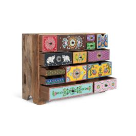 GINER Y COLOMER Commode peinte à main avec motifs de fleurs, éléphants et figures géométriques en bois de manguier - 120 x 40 x 90 cm, Multicolore