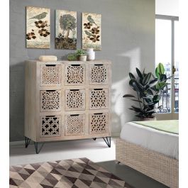 GINER Y COLOMER Commode 9 tiroirs en bois de manguier blanc vieilli avec pieds en fer, 21x20x30 cm (intérieur tiroirs) - Décoration