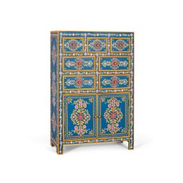 GINER Y COLOMER Buffet haut 122 cm en bois de manguier et MDF avec 7 tiroirs et 2 portes, peint à la main - Multicolore