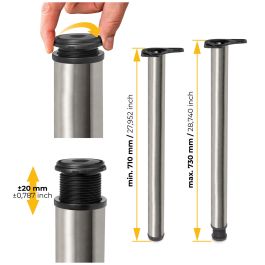 Emuca Lot de 4 pieds de table, diamètre 60mm, H 710mm, Acier, Nickel satiné