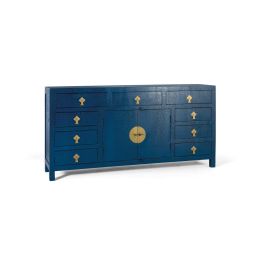 GINER Y COLOMER - Buffet avec portes et tiroirs bleu distressed vintage, style zen, bois de manguier et MDF, patines dorées, dimensions détaillées