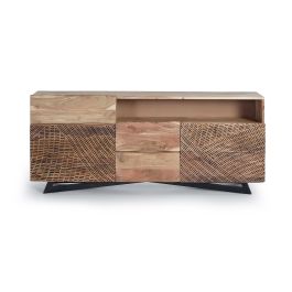 GINER Y COLOMER Buffet en bois d'acacia et métal, 2 portes et 3 tiroirs, couleur naturel et noir, buffet rustique avec pattes métal et sculptures manuelles Precio: 1007.988. SKU: B1E9RYQY3G