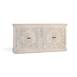 GINER Y COLOMER Buffet 4 portes en bois de manguier massif couleur sable fabriqué à la main - Avec sculptures et étagères intérieures