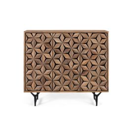 Buffet en Bois de Mango Massif avec Portes Sculptées à la Main, Design Contemporain Rustique sur Pieds en Fer Noir - 3 Portes, Étagères Intérieures