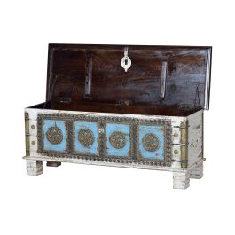 GINER Y COLOMER Buffet en bois de manguier blanc vieilli et cerisier avec détails bleus et bronze - 116 x 40 x 45 cm, grande capacité