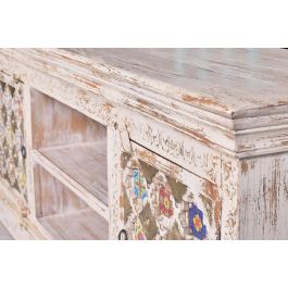 GINER Y COLOMER - Buffet TV en bois de manguier massif sculpté avec incrustations de céramique et bronce, finition blanc vieilli - 150x60x40 cm