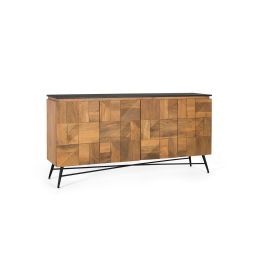 Buffet en Bois de Mango avec Dessus Noir, 4 Portes, Finition Naturelle, Structure Métallique, Design Moderne - 170 cm