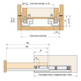 DTC Tourpush Guides invisibles pour tiroirs, extraction partielle, système PUSH sans poignées, 350 mm, charge 20 kg (Set de 200)
