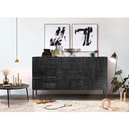 GINER Y COLOMER - Buffet en bois de manguier massif noir avec motif hiéroglyphe sculpté à la main et pattes en métal - 150 x 85 x 40 cm