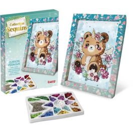 Lansay Kit Loisir Créatif Collection Sequins Féérique - Ourson, Créations Étincelantes avec Épingles, Cadre Décoratif pour Chambre, À Partir de 7 Ans