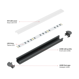 KIMERA UHRE Profilé Aluminium Anodisé Noir avec Diffuseur Opal, Tapons et Clips de Fixation 2,02M