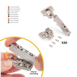Emuca Lot de 20 charnières droites X92 avec fermeture amortie et embase à visser, Hauteur 0, Acier, Nickelé