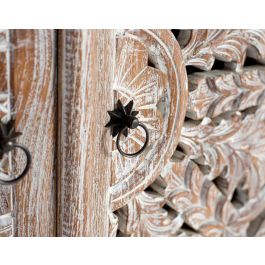 GINER Y COLOMER, Buffet Bois de Teca Ancien avec Sculpture Artisanale, Finition Blanc Lavé, 4 Tablettes Intérieures, 188x100x50 cm, Assemblé - Sans Montage