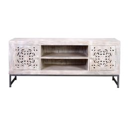 GINER Y COLOMER Meuble TV en bois de manguier massif avec portes et pieds métal, finition blanc vieilli et gris, 130x55x40 cm