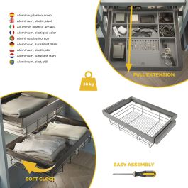 Emuca Kit tiroir en fil métallique et rack ajustable Quartz pour armoires, glissières extension totale et à fermeture douce, Module 80cm, Finition Titane