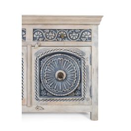 GINER Y COLOMER - Buffet en bois de manguier massif blanc lavé et bleu avec 3 tiroirs et 3 portes - Meuble de rangement artisanal