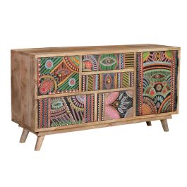GINER Y COLOMER Commode Buffet TV en Mango et MDF Artisanale, 5 tiroirs et 1 porte Peinte à la Main (105x60x36 cm, Couleur Naturelle et Multicolore)