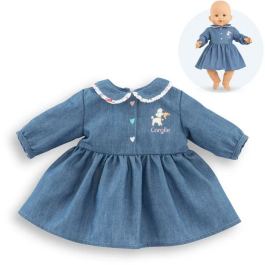 Corolle Robe poupée 36 cm imitation denim bleue avec col claudine et sérigraphie petit chien pour poupon, idéale dès 2 ans
