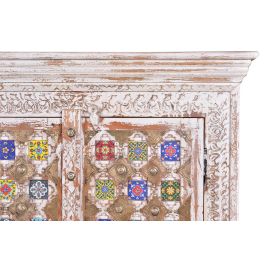 GINER Y COLOMER - Armadio en bois de manguier, 2 portes avec détails en céramique et bronze, couleur blanc vieilli, barre à vêtements intégrée