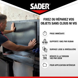 Sader - Ruban adhésif double face extra fort Extreme - Fixation sans percer - Support jusqu'à 10 kg - Intérieur - 2 m x 19 mm - Blanc