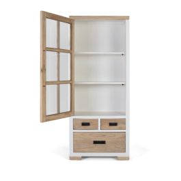 GINER Y COLOMER Buffet en bois massif de mindi avec porte vitrée et 3 tiroirs - Meuble de rangement blanc et naturel pour salon ou salle à manger