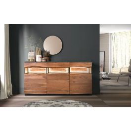 Buffet en Bois d'Acacia Naturel et Noir avec 3 Tiroirs et 3 Portes - 180x93x40 cm