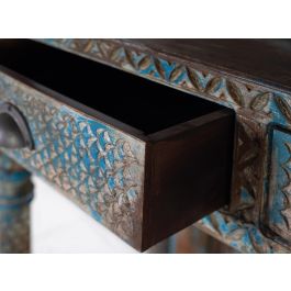 GINER Y COLOMER Étagère en bois de mango bleu vieilli 180 cm - Meuble artisanal à finition patinée, sculpture à la main