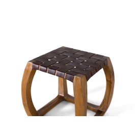 GINER Y COLOMER Taburete en bois massif de mindi avec assise en cuir tressé main, design artisanal moderne, 39x39 cm