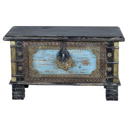 GINER Y COLOMER - Coffre de rangement en bois de manguier vieilli noir avec détails bleus et ouverture supérieure - 45 x 80 x 40 cm