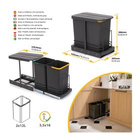 Emuca poubelle de recyclage pour montage inférieur et extraction manuelle/automatique pour meuble de cuisine Recycle 2x12litres, Plastique gris anthracite