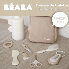Beaba - Trousse de toilette bébé avec 10 accessoires - Thermomètre de bain, thermomètre digital, ciseaux, coupe-ongles, brosse, peigne, anneau de dentition - Terre d'argile