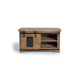 Giner y Colomer Mueble TV en acacia avec détails en métal naturel, buffet console avec portes coulissantes - finition noyer foncé