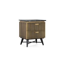 GINER Y COLOMER - Table de chevet 2 tiroirs artisanale en bois de manguier et marbre avec finition bronze - 50x40x60 cm