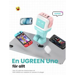 Ugreen RG 65W 3-Port GaN Chargeur Rapide pour Ordinateur Portable, Tablette, Téléphone - Rose et Bleu