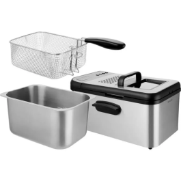 Sencor SFR 8200SS Friteuse électrique avec minuterie, 3.2 litres, 2200 W, température réglable 130-190°C, cuve antiadhésive et panier chromé, Noir/Acier inoxydable