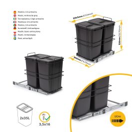 Emuca poubelle de recyclage pour montage inférieur et extraction manuelle pour meuble de cuisine Recycle 2x35litres, Plastique gris anthracite