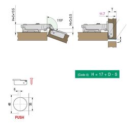 HERRAJES ALK Bisagra Tigra Ø35 Push Slide-On Codo Acodado Acero Níquel 110°