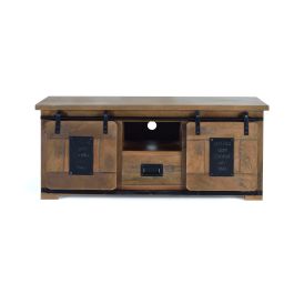 GINER Y COLOMER Meuble TV industriel en bois de manguier et métal avec 2 portes coulissantes et tiroir, 130 x 55 x 50 cm, couleur naturel