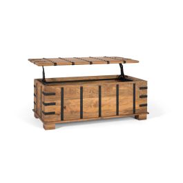 GINER Y COLOMER - Table coffre en bois de manguier massif avec finition naturelle et détails en fer noir, plateau relevable et grand rangement