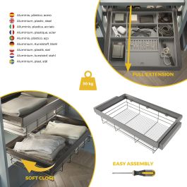 Emuca Kit tiroir en fil métallique et rack ajustable Quartz pour armoires, glissières extension totale et à fermeture douce, Module 90cm, Finition Titane